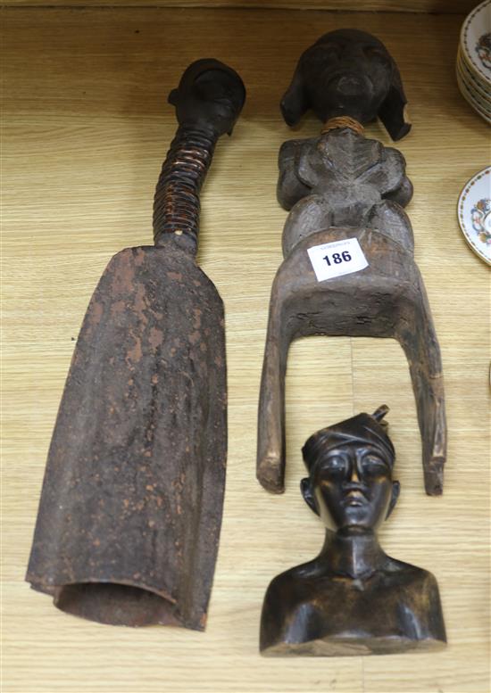 A Ghana tribal figure, a bell and a bust tallest 22cm